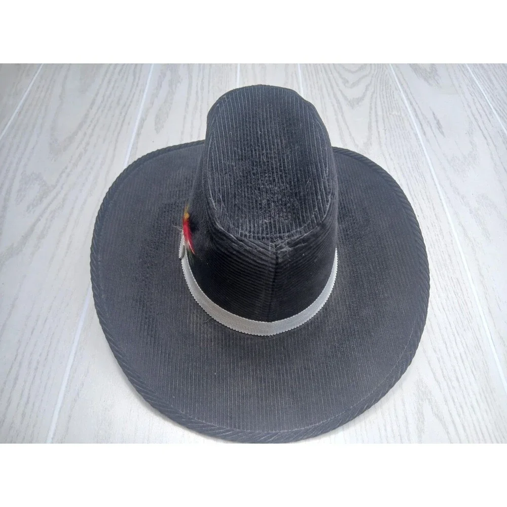 Vintage Yamaha Black Corduroy Cowboy Hat Feather Band- Size Small